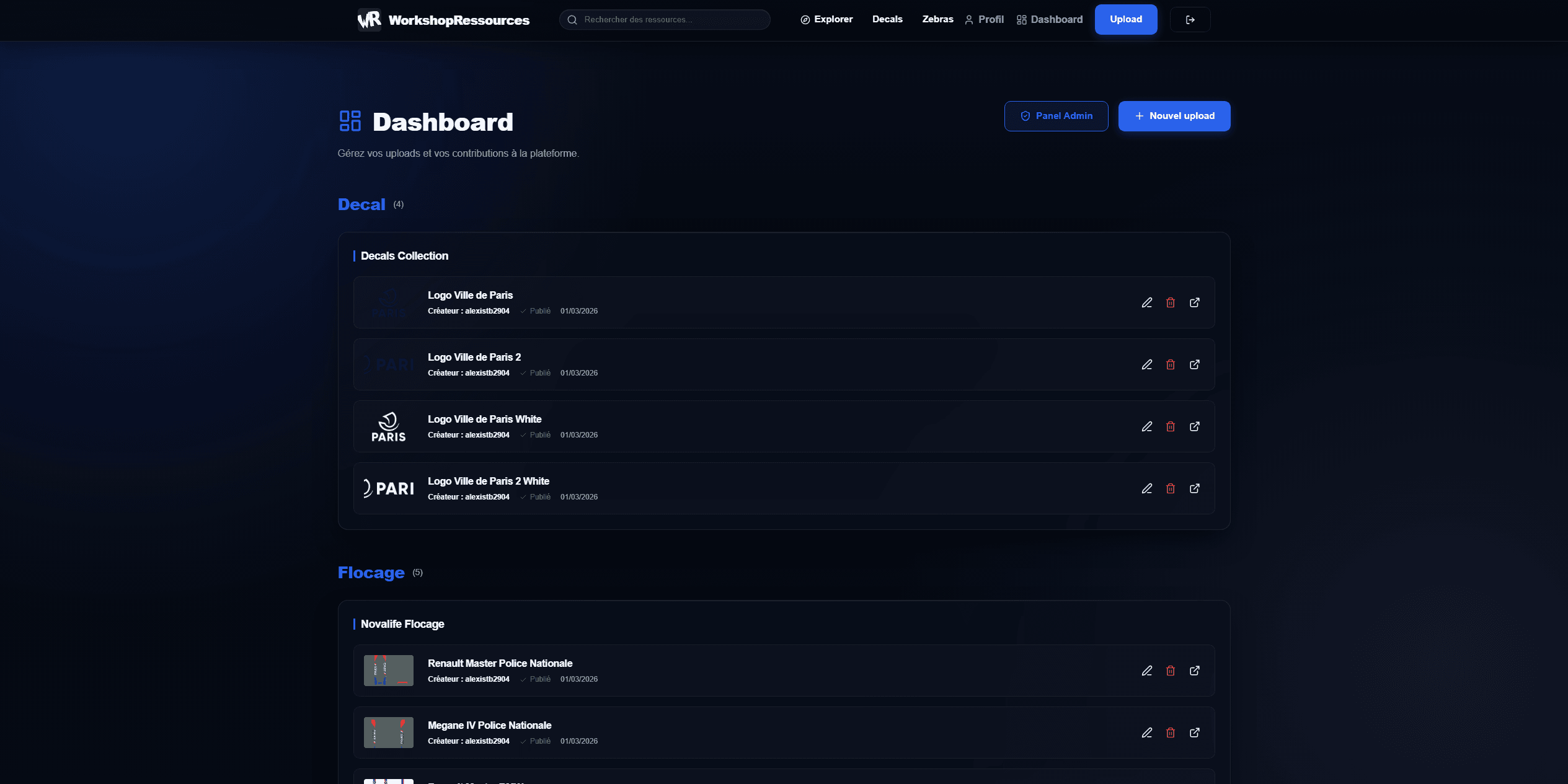 WorkshopRessources dashboard